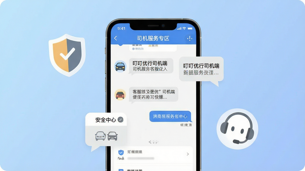 一张展示“叮叮优行司机端”司机服务专区的图片,主体为手机屏幕显示客服对话框与安全中心图标,屏幕周围有盾牌与耳机图标浮动。布局为手机屏幕居中,背景为柔和蓝色渐变。排版突出服务图标与对话框。风格为扁平化友好风。细节包括图标线条、对话框文字气泡。画质清晰,干净,无多余元素。