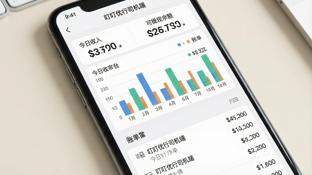 一张展示“叮叮优行司机端”收入明细页面的图片,主体为手机屏幕显示柱状图与账单列表,屏幕上方有“今日收入”和“可提现余额”数字。布局为手机屏幕特写,背景为干净浅色桌面。排版突出数字与图表。风格为简洁商务风。细节包括柱状图颜色、账单条目文字。画质清晰,干净,无多余元素。