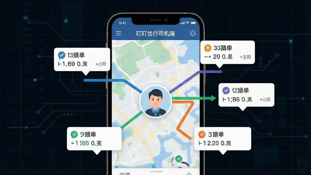 一张展示“叮叮优行司机端”智能派单功能的图片,主体为手机屏幕显示地图上多个订单气泡,司机头像位于中心,有线条连接订单。布局为手机屏幕特写,背景为深色科技感网格。排版突出订单气泡与路线。风格为扁平化科技风。细节包括订单气泡上的距离数字、路线颜色。画质清晰,干净,无多余元素。