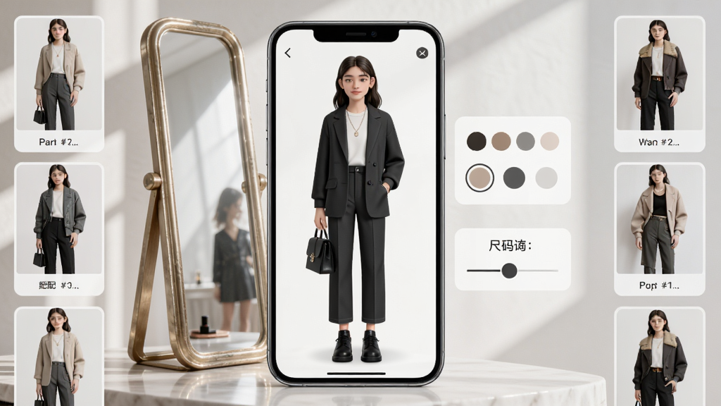 遇小测AI搭配师虚拟试衣功能示意图,画面中央为一部手机,屏幕内显示一位用户的全身照,身上穿着虚拟合成的服装,旁边有颜色切换按钮和尺码调整滑杆。布局为居中展示,四周有搭配方案缩略图。风格为时尚杂志排版,细节包括试衣镜边框和光影效果,画质高清干净无多余元素
