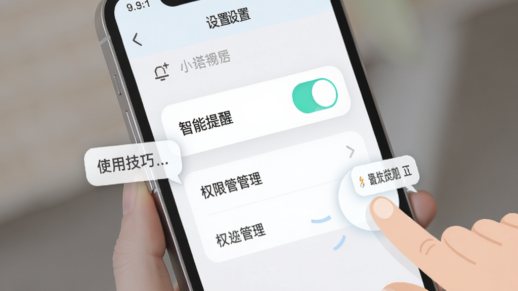 遇小测AI搭配师使用技巧示意图,画面展示一部手机屏幕内显示设置菜单,有“智能提醒”开关和权限管理选项,旁边有手指点击操作的动画示意。布局为手机界面特写,风格为清新浅色扁平化,细节包括图标高亮和提示气泡,画质高清干净无多余元素
