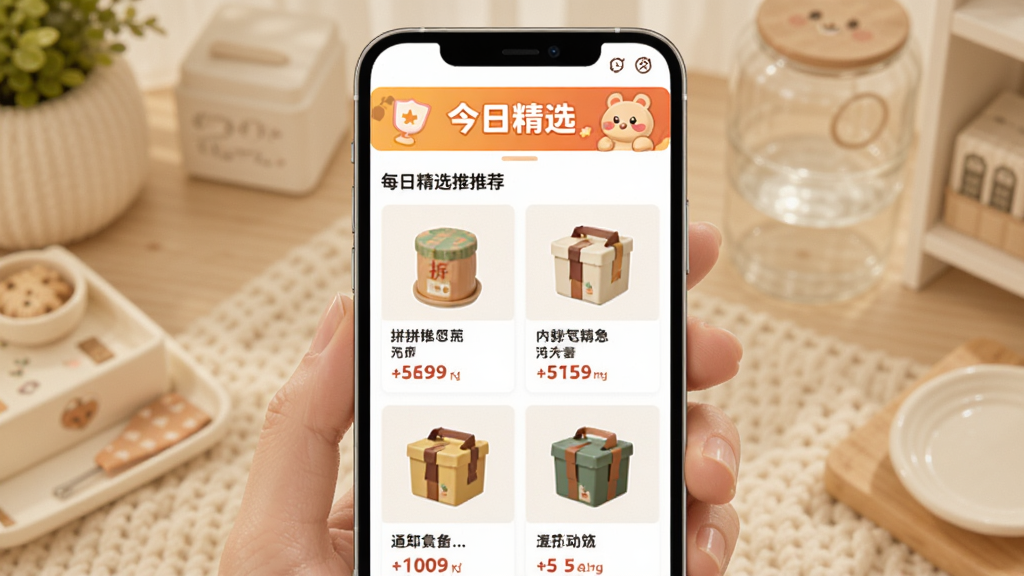 拼拼省钱每日精选推荐页面,手机屏幕展示多张商品推荐卡片,每张卡片包含商品图片、名称和折扣价格,顶部有今日精选横幅,风格温馨活泼,画质清晰,无多余元素