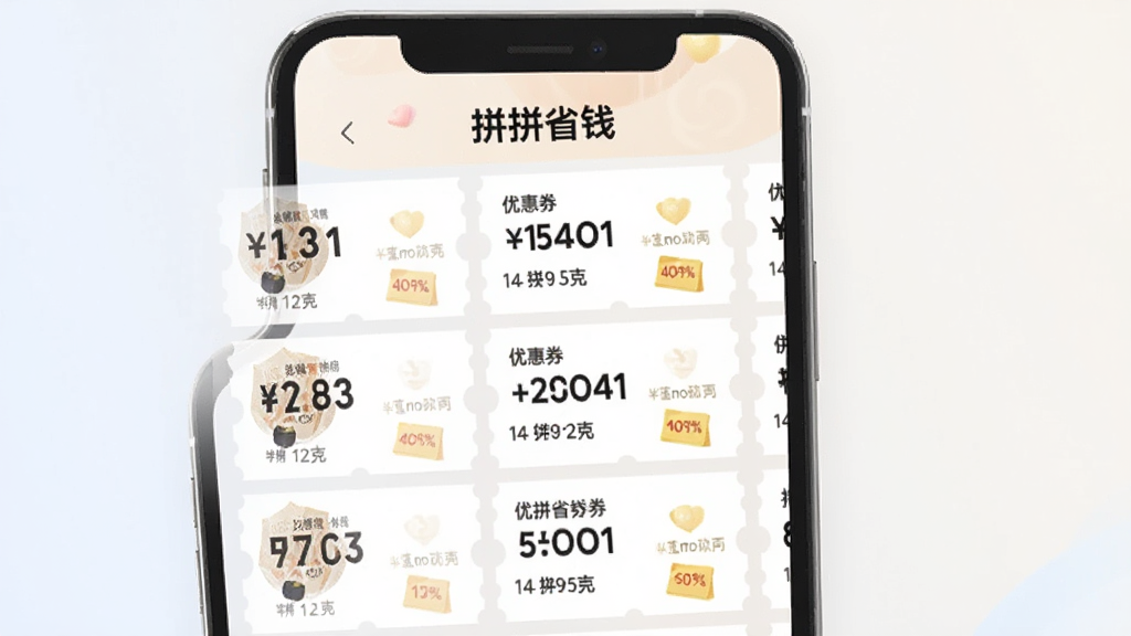 拼拼省钱应用内优惠券聚合页面,手机屏幕中展示多张不同面额的优惠券整齐排列,背景为浅色渐变,顶部有拼拼省钱字样,风格简洁明快,画质清晰,无多余元素