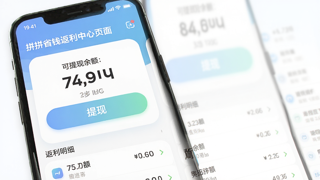 拼拼省钱返利中心页面,手机屏幕显示可提现余额数字与提现按钮,下方有返利明细列表,整体采用柔和圆角卡片设计,配色清爽,画质清晰,无多余元素