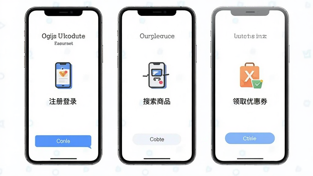拼拼省钱手机端操作引导页面,展示注册登录、搜索商品、领取优惠券三个步骤的图标与文字说明,布局清晰,风格简约,画质清晰,无多余元素