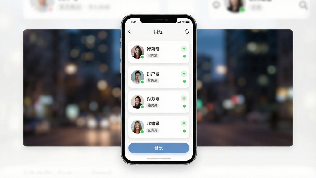 一张展示两性附近爱软件界面的手机预览图,画面中央是一部竖屏智能手机,屏幕内显示附近用户头像列表与聊天入口,背景为柔和的城市夜景虚化效果,整体布局简洁清晰,排版以手机屏幕为中心,四周留有干净留白,风格现代简约,细节包含头像卡片、距离标签、在线状态小圆点,画质高清,画面干净,无多余元素