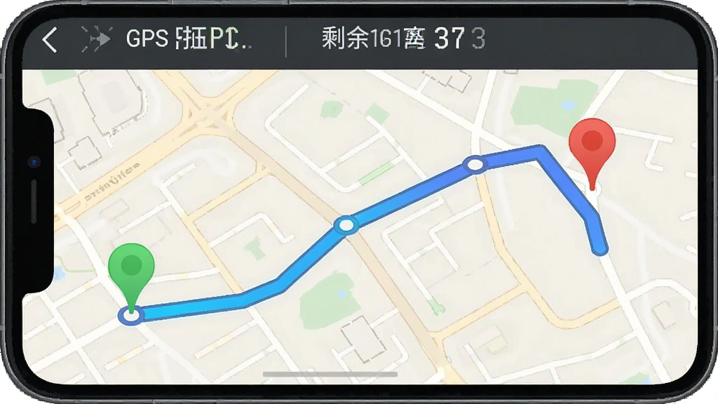 一张展示实时手机GPS定位软件实时追踪功能的界面截图,画面中手机屏幕显示一条从起点到终点的完整移动轨迹,轨迹用渐变蓝色线条标注,起点和终点分别有绿色和红色标记,地图背景为浅色街区路网,界面顶部显示当前速度与剩余距离,整体风格简洁清晰,画质干净,无多余装饰元素