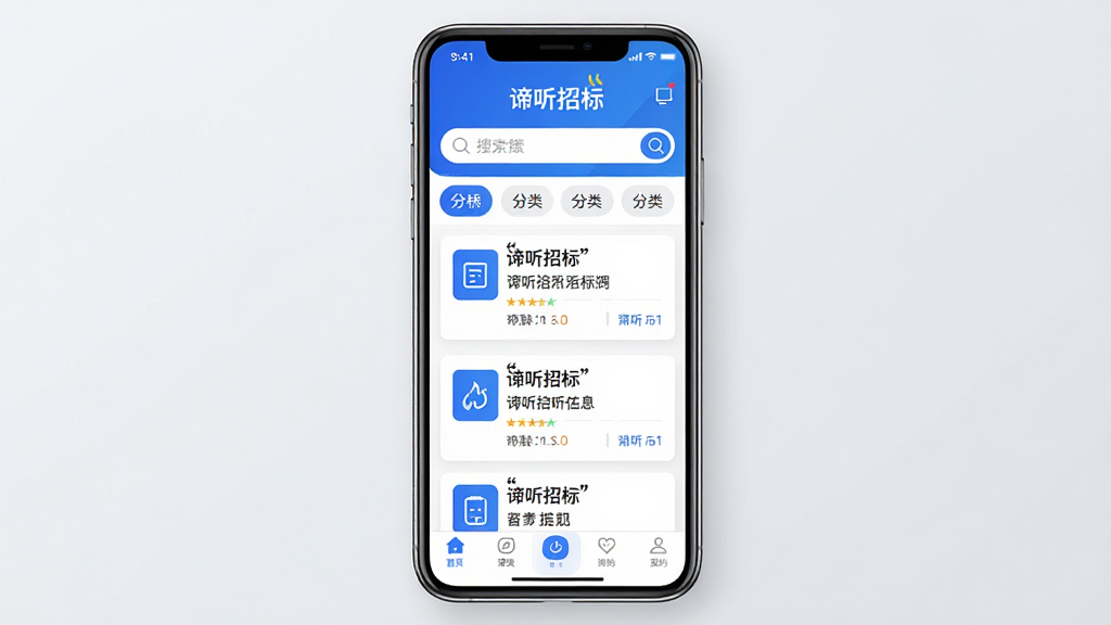 主体是一款智能手机居中展示,屏幕内呈现“谛听招标”应用界面,布局采用上下分层结构,上方为搜索栏与分类标签,中部为招标信息卡片列表,下方为底部导航栏,排版简洁整齐,风格为现代科技商务风,细节包含蓝色主色调、白色卡片、图标清晰、文字用引号标注“谛听招标”,画质高清,干净,无多余元素