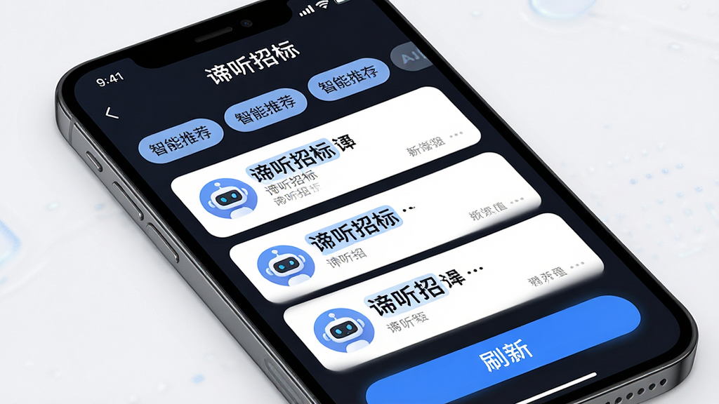 主体是一部手机屏幕特写,屏幕内显示“谛听招标”AI推送界面,布局为顶部智能推荐标签,中部为三条标讯卡片,底部为刷新按钮,排版清晰有序,风格为现代简约UI风,细节包含蓝色高亮关键词、圆角卡片、AI机器人小图标、文字“谛听招标”显示在顶部状态栏,画质高清,干净,无多余元素