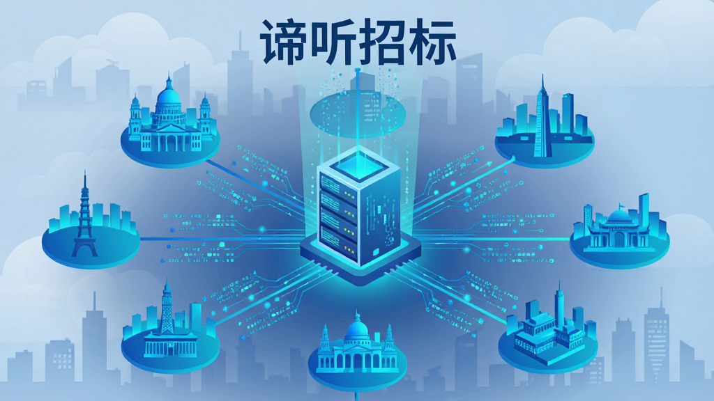 主体是一张数据汇聚概念图,画面中央是一台发光的服务器节点,四周延伸出多条数据线连接不同城市地标,布局为放射状结构,排版中心突出,风格为扁平化科技插画风,细节包含蓝色与青色渐变、数据流动粒子效果、城市剪影轮廓、文字“谛听招标”置于画面正上方,画质高清,干净,无多余元素