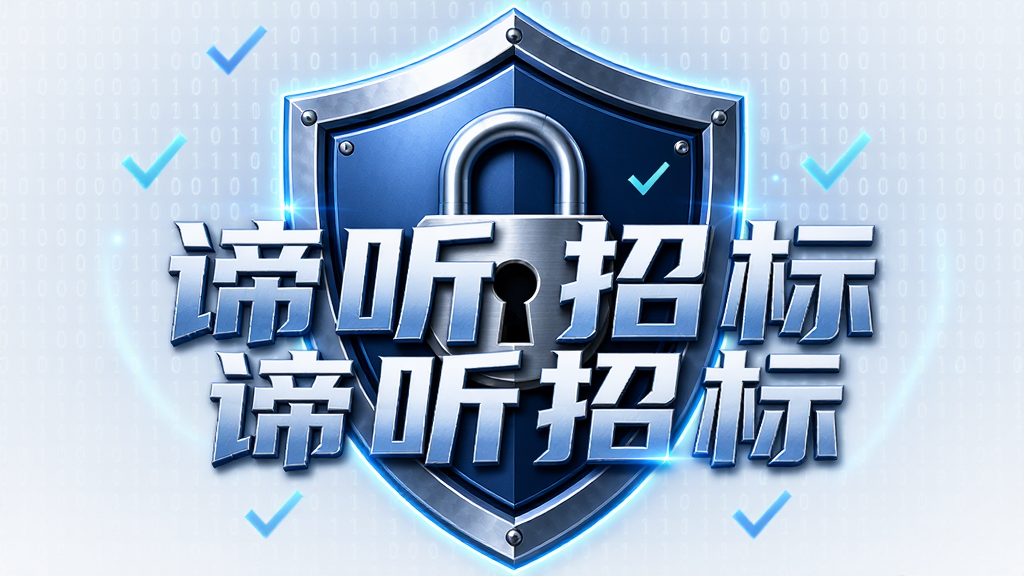 主体是一个盾牌与锁组合的安全概念图,画面中央是“谛听招标”文字标识,布局为盾牌居中、锁扣嵌入盾面,排版简洁有力,风格为安全科技风,细节包含蓝色金属质感、光晕边缘、二进制代码背景、对勾符号,画质高清,干净,无多余元素