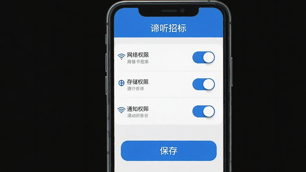 主体是一部手机展示“谛听招标”应用设置界面,布局为顶部标题栏、中部权限开关列表、底部保存按钮,排版清晰规整,风格为移动端UI示意图,细节包含网络权限、存储权限、通知权限开关、蓝色高亮按钮、文字“谛听招标”显示在标题栏,画质高清,干净,无多余元素