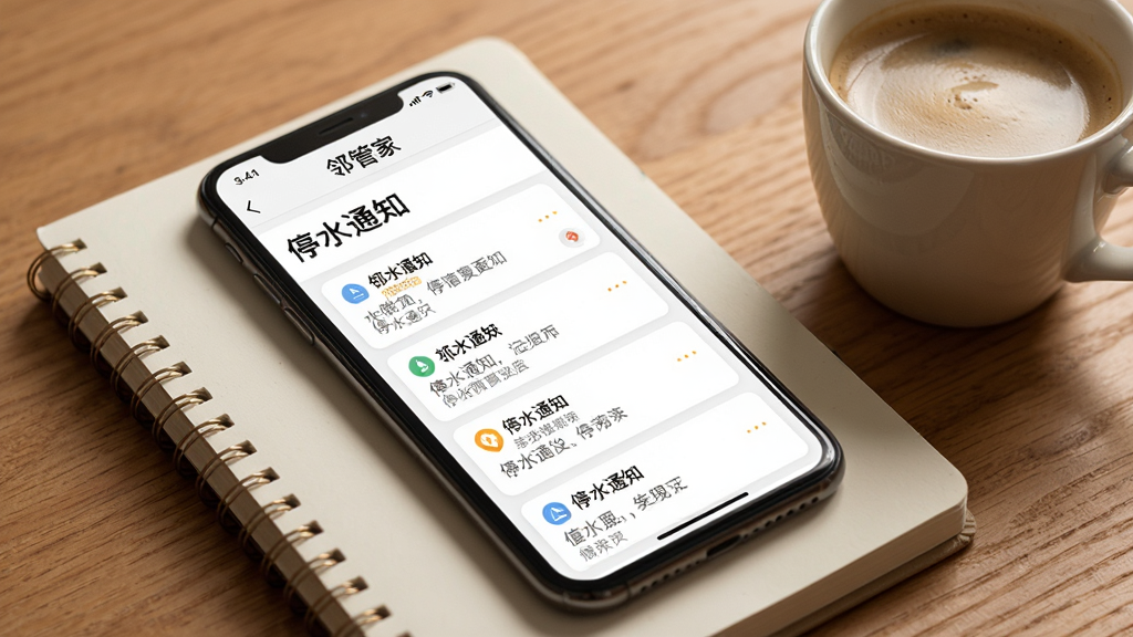 画质干净,无多余元素。画面主体:手机屏幕显示“邻管家”社区公告页面,顶部有“停水通知”标题,下方列出多条公告卡片;手机斜放在一本笔记本上,旁边有一杯咖啡;背景为木质桌面;风格温暖生活化,排版清晰,细节丰富,高清画质