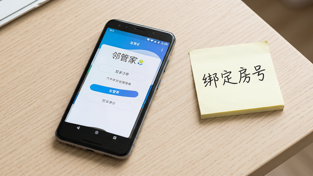 画质干净,无多余元素。画面主体:一部安卓手机横放在桌面上,屏幕显示“邻管家”登录注册界面,旁边有一张手写便签写着“绑定房号”;背景为浅色木纹桌面;风格简洁实用,排版清晰,细节丰富,高清画质