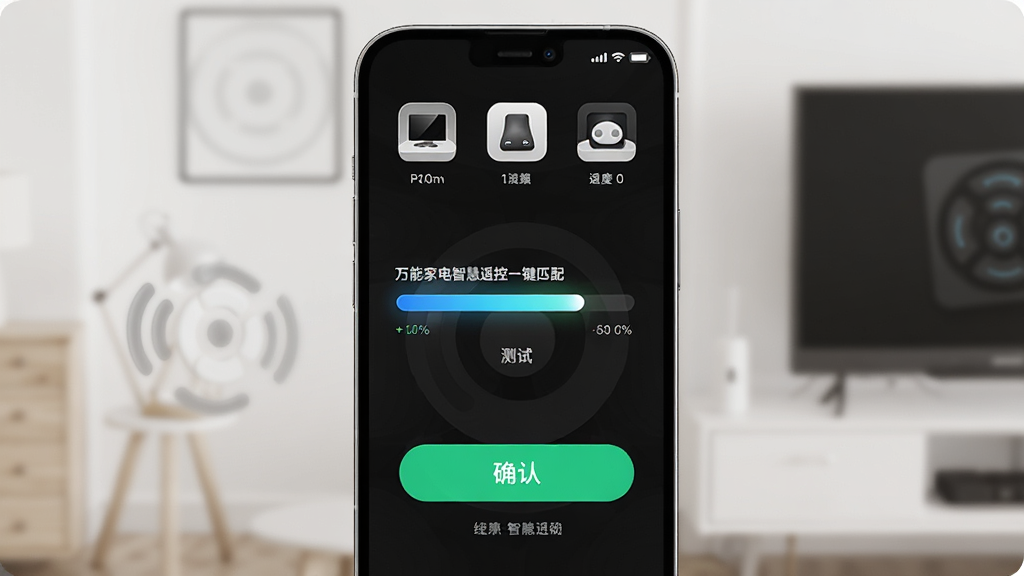 万能家电智慧遥控一键匹配功能展示,画面中央是手机屏幕显示匹配进度条与测试按键,布局为手机居中、顶部有设备图标,排版清晰,风格为现代简约风,细节包括进度光效、确认按钮、提示文字,画质高清,干净,无多余元素