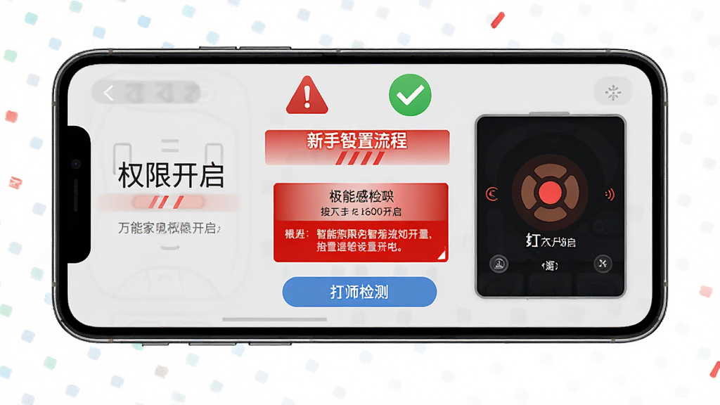 万能家电智慧遥控新手设置流程展示,画面中央是手机屏幕显示权限开启提示与红外检测界面,布局为手机居中、顶部有警告图标与对勾图标,排版清晰,风格为明亮警示风,细节包括红色提示框、蓝色按钮、灰色说明文字,画质高清,干净,无多余元素