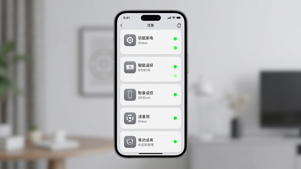 万能家电智慧遥控多设备统一管理功能展示,画面中央是手机屏幕显示设备卡片列表,布局为手机居中、卡片纵向排列,排版整齐,风格为浅灰质感商务风,细节包括设备图标、名称标签、状态指示灯,画质高清,干净,无多余元素