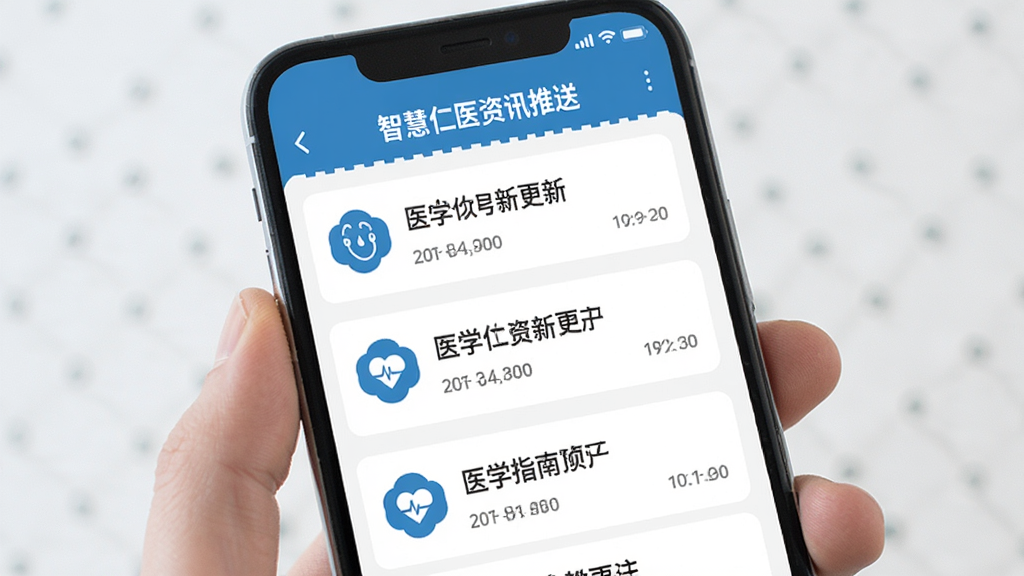 智慧仁医资讯推送页面,手机屏幕显示医学指南更新列表,每条资讯带有小图标与发布时间,背景为白色,排版清晰,蓝色点缀,扁平化设计,高清画质,画面整洁