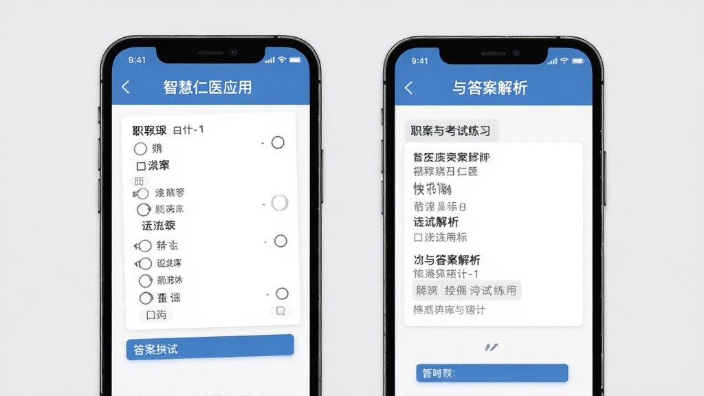 智慧仁医应用内职称考试练习界面,手机屏幕显示选择题与答案解析,背景为淡灰色,界面排版整齐,蓝色与白色为主色调,扁平化UI风格,高清画质,干净无杂乱元素