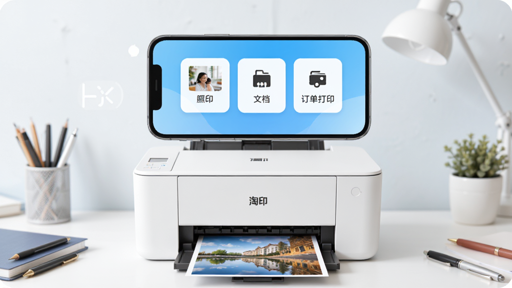 手机屏幕中央显示淘印应用界面,界面包含照片打印、文档打印、订单打印三个大按钮,背景是浅蓝色渐变,手机下方连接一台白色喷墨打印机正在输出一张彩色照片,周围有少量办公文具点缀,整体布局居中对称,风格清新简约,细节清晰,画质干净,无多余元素,4K超清