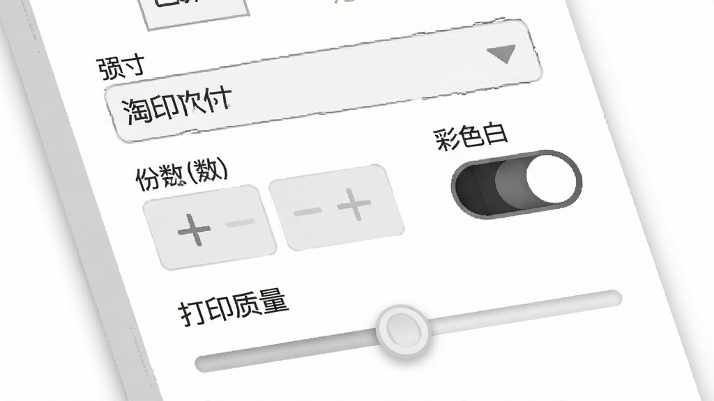 淘印软件打印设置面板特写插画,面板上排列着纸张尺寸下拉菜单、份数加减按钮、彩色黑白切换开关、打印质量滑动条,背景是干净的白色,有细微的阴影层次,风格清爽素雅,细节清晰,画质干净,无多余元素