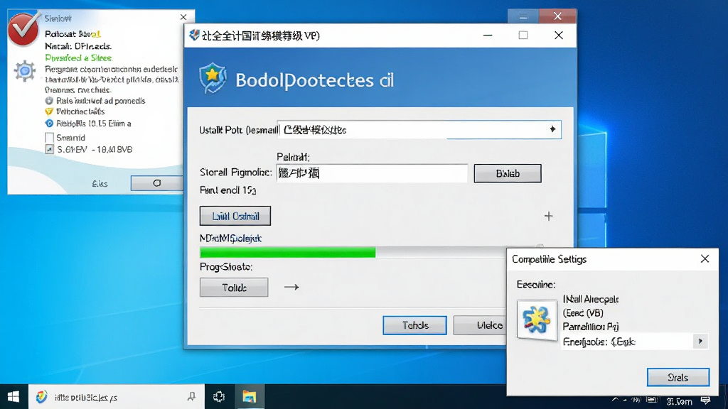 一张展示无忧全国计算机等级考试超级模拟软件(二级VB)在Windows电脑上安装过程的图片,画面主体是安装向导窗口,显示安装路径选择和进度条,周围有杀毒软件弹窗提示和兼容性设置对话框,风格为真实的软件安装场景,细节包含清晰的按钮文字和路径输入框,画质高清,干净无多余元素