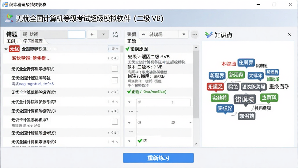 一张展示无忧全国计算机等级考试超级模拟软件(二级VB)错题本界面的图片,画面主体是软件窗口,中央为错题列表和错误原因说明,右侧为知识点标签云,底部有重新练习按钮,风格为清晰的学习管理界面,细节包含红色错误标记和绿色正确提示,画质高清,干净无多余元素
