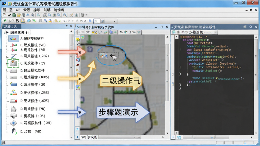 一张展示无忧全国计算机等级考试超级模拟软件(二级VB)操作题步骤演示界面的图片,画面主体是软件窗口,左侧为步骤列表,右侧为VB窗体设计器和代码编辑器,画面中有箭头和标注引导操作顺序,风格为直观的教学演示界面,细节包含清晰的控件图标和代码片段,画质高清,干净无多余元素
