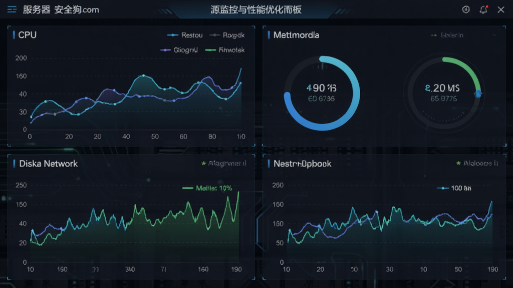 服务器安全狗资源监控与性能优化面板图,主体为数据可视化仪表盘界面,画面包含CPU内存磁盘网络四项监控图表,布局为四宫格排列,排版对称,风格为科技数据风格,细节包括折线图、环形进度条、实时数值刷新动效,画质高清干净无多余元素