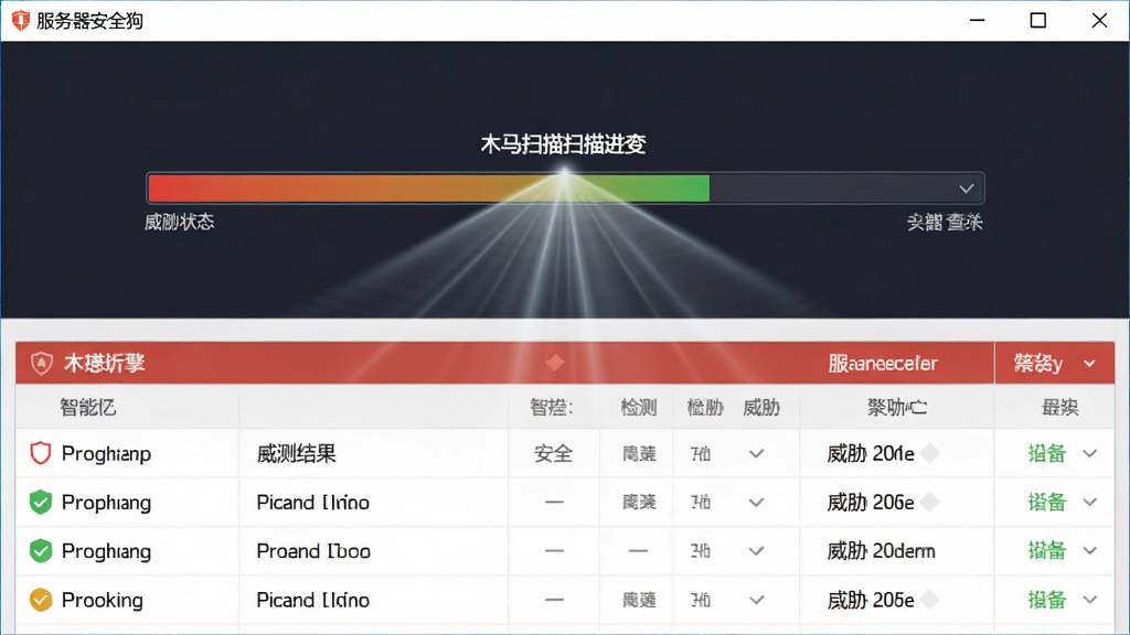 服务器安全狗智能木马查杀引擎功能展示图,主体为软件查杀界面截图风格,画面中央显示木马扫描进度条和威胁列表,布局为上下结构,上方为扫描状态区下方为检测结果列表,排版整齐,风格为专业安全软件界面风格,细节包括红色威胁标记、绿色安全标记、扫描光束动效,画质高清干净无多余元素