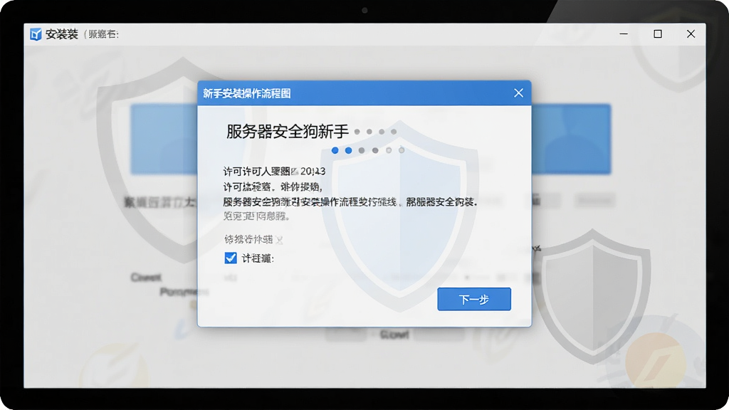 服务器安全狗新手安装操作流程图,主体为电脑屏幕显示安装向导界面,画面包含下一步按钮和许可协议勾选框,布局为居中弹窗式,排版简洁,风格为软件安装界面风格,细节包括蓝色高亮按钮、进度指示点、盾牌水印,画质高清干净无多余元素