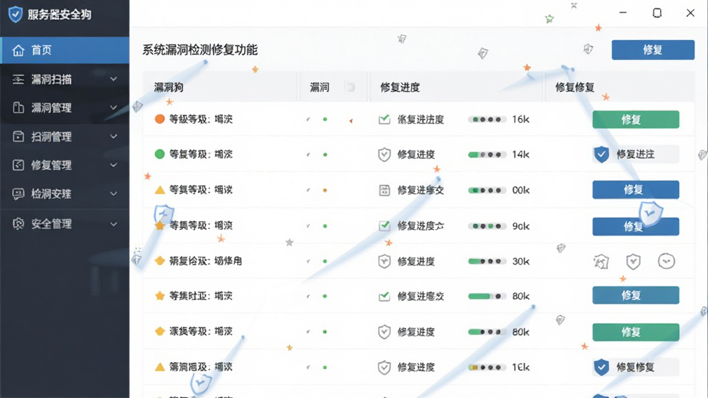 服务器安全狗系统漏洞检测修复功能界面图,主体为软件漏洞扫描结果页面,画面显示漏洞列表和修复按钮,布局为左侧导航栏右侧内容区,排版规范,风格为简洁商务风格,细节包括漏洞等级色标、修复进度指示、盾牌图标装饰,画质高清干净无多余元素