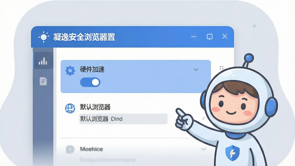 一张展示凝逸安全浏览器设置界面的插图,画面主体是清晰的设置菜单面板,面板上高亮显示“硬件加速”开关和“默认浏览器”设置项,旁边有一个卡通风格的小助手正在指着屏幕提示,背景为柔和的浅灰色,风格为友好亲和的扁平化插画,细节包括清晰的文字标签和图标,画质干净无多余元素