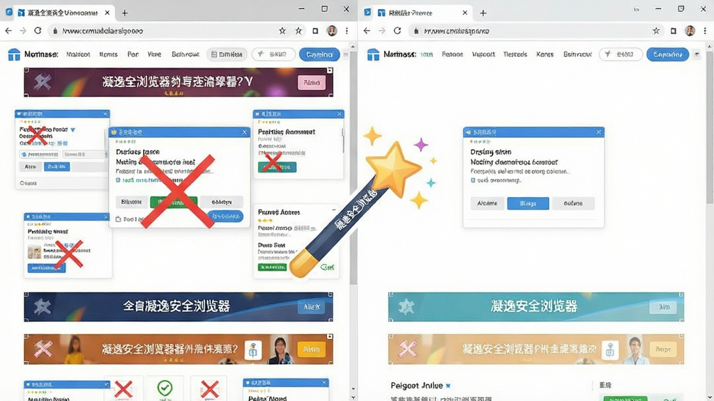 一张展示凝逸安全浏览器广告过滤功能的对比图,左侧是布满弹窗和横幅广告的杂乱网页,右侧是经过凝逸安全浏览器过滤后干净整洁的网页,中间有一个带有“凝逸安全浏览器”字样的魔法棒图标,风格为简洁的对比展示图,细节包括清晰的广告拦截符号,画质清晰明亮,无多余元素
