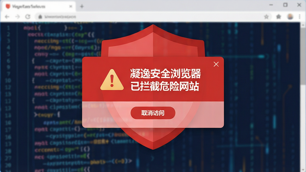 一张展示凝逸安全浏览器拦截恶意网址的界面截图风格图片,画面中心是一个醒目的红色盾牌拦截提示框,提示框内写有“凝逸安全浏览器 已拦截危险网站”字样,背景是模糊的网页代码流,风格为科技感十足的扁平插画,细节包括清晰的警告图标和取消访问按钮,画质干净清晰,无多余杂乱元素