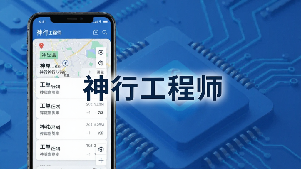 一张展示神行工程师应用界面的手机模型图,手机屏幕显示工单列表和地图定位,背景是简洁的蓝色科技风格,画面中央有