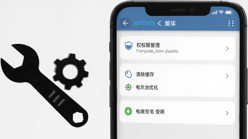 一张手机屏幕显示小猫爱车设置页面的图片,页面中包含权限管理、清除缓存、电池优化等选项。手机旁边有一个扳手和齿轮图标,代表设置与维护。背景为浅灰色,风格简洁实用,画质清晰,无多余装饰。
