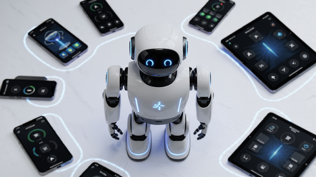 主体是一台白色智能机器人AlphaBot,布局为机器人居中展示,周围环绕手机和平板设备,排版采用科技感环绕式构图,风格为现代简约科技风,细节包括机器人身上的LED灯效和手机屏幕上的控制界面,画质高清,干净,无多余元素