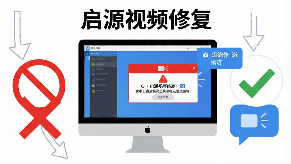 软件名称“启源视频修复”新手操作避坑示意图,主体为电脑屏幕显示软件界面与警告提示框,布局左侧为错误操作打叉图标,右侧为正确操作打勾图标,排版左右对比清晰,风格为扁平化警示风格,细节包含红色禁止符号与蓝色提示气泡,画质高清,干净,无多余元素。