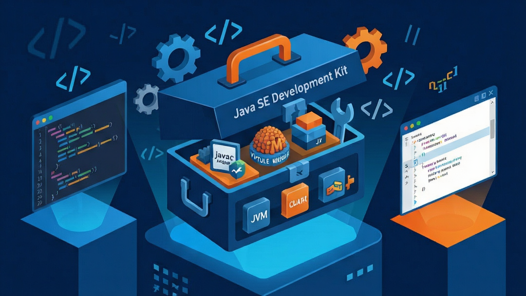 一幅展示Java SE Development Kit(JDK)核心功能的AI生成图,主体为中央悬浮的立体工具箱,工具箱表面刻有“Java SE Development Kit”字样,工具箱内部分层展示javac编译器、JVM虚拟机、类库模块等图标,布局采用左右对称的展台式构图,左侧放置代码编辑窗口,右侧放置运行结果窗口,风格为扁平化科技插画风,细节包括蓝色光效、齿轮元素、代码符号环绕,画面干净整洁无多余装饰,画质为高清矢量质感,整体色调以深蓝与亮橙搭配,突出开发工具的专业与活力