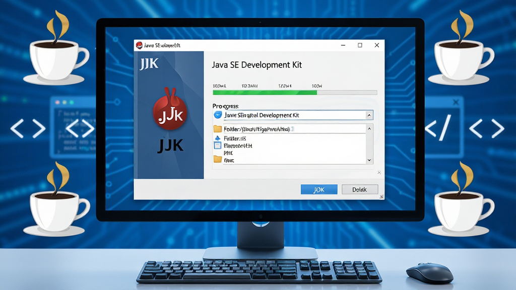 一张展示Java SE Development Kit(JDK)软件界面的高清图片,主体为电脑屏幕中央显示JDK安装向导窗口,窗口标题清晰标注“Java SE Development Kit”字样,屏幕周围环绕着Java标志性的咖啡杯图标和代码符号,布局采用居中构图,屏幕下方放置键盘和鼠标,排版简洁整齐,风格为现代科技感写实风,细节包括安装进度条、文件夹路径选择框、按钮高亮效果,画面干净无多余元素,画质为4K超清,整体色调以蓝白为主,突出专业开发工具的严谨感