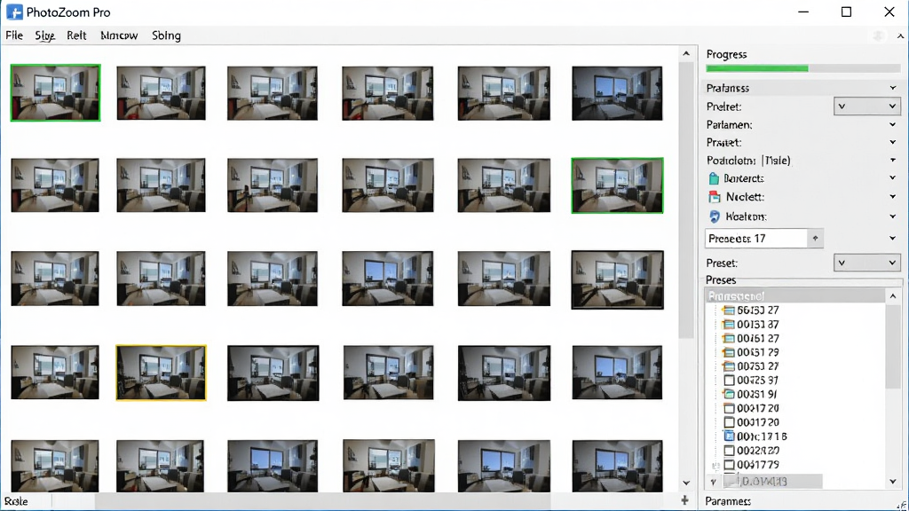 PhotoZoom Pro批量处理窗口,画面主体是多张缩略图排列与参数设置面板,布局为网格状缩略图加右侧参数栏,排版整齐,风格为办公软件界面,细节包括进度条、预设下拉菜单、文件列表,画质清晰,干净,无多余元素