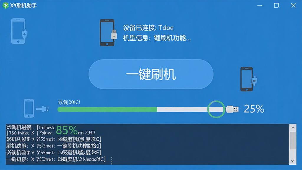 XY刷机助手一键刷机功能展示图,主体为软件界面中央醒目的一键刷机按钮,布局为上方显示设备已连接与机型信息,下方为刷机进度条与日志输出窗口,排版居中对称,风格为扁平化科技蓝配色,细节包括手机图标、USB连接标识、进度百分比,画质高清,干净,无多余元素