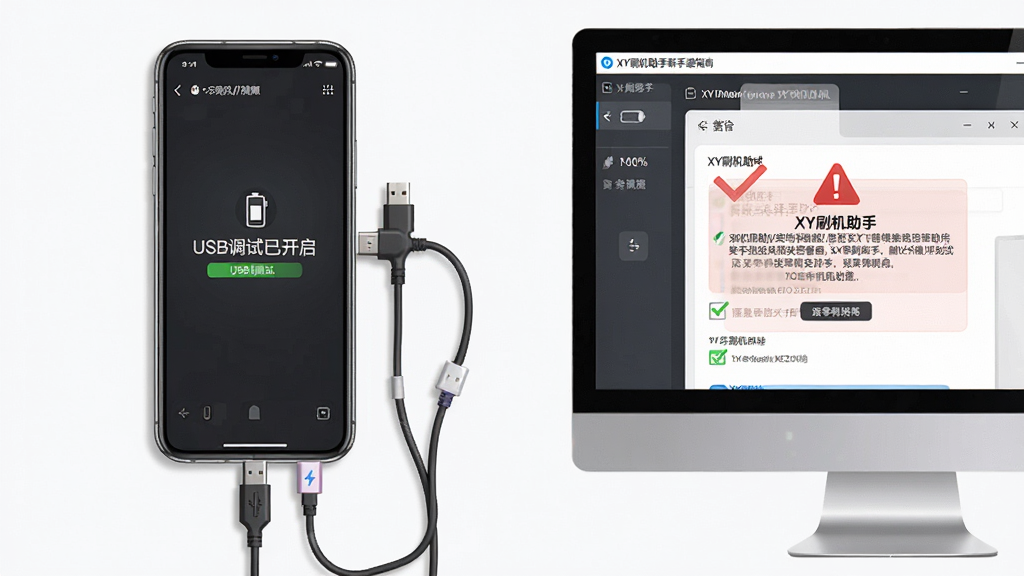 XY刷机助手新手避坑指南示意图,主体为手机连接电脑刷机的场景,布局左侧为手机屏幕显示USB调试已开启,右侧为电脑屏幕显示XY刷机助手警告提示,排版左右对比,风格为写实科技插画,细节包括数据线、电量图标、红色警告标志、勾选清单,画质高清,干净,无多余元素