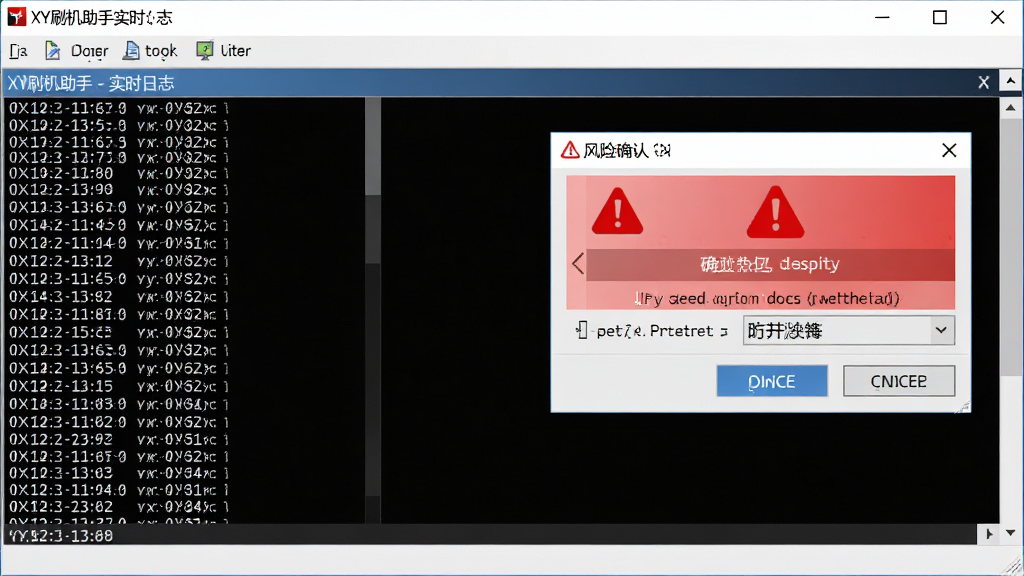 XY刷机助手实时日志与风险提示界面图,主体为软件运行时的日志输出窗口与红色警告弹窗,布局左侧为滚动日志文本,右侧为风险确认对话框,排版对比鲜明,风格为终端命令行与警示框结合,细节包括红色感叹号、确认取消按钮、日志时间戳,画质高清,干净,无多余元素