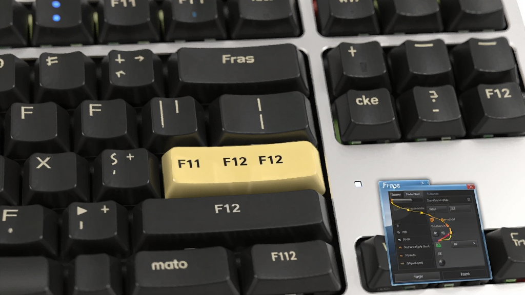 一张键盘特写图,键盘上几个按键被高亮标注为“F11”“F12”等快捷键,旁边有Fraps软件设置界面小图,整体风格为数码外设展示风,构图以键盘为主体,排版自然,细节包含键帽字符、指示灯,画质高清,干净,无多余元素