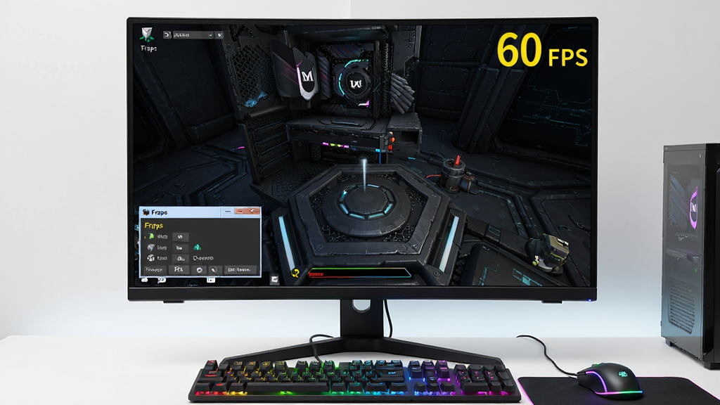 软件核心全貌展示图,画面中央是一台正在运行大型3D游戏的台式电脑显示器,屏幕右上角显示黄色数字帧率“60 FPS”,屏幕左下角有Fraps软件的小型控制面板悬浮窗,面板上标注“Fraps”字样,桌面背景为深色科技风格,整体构图简洁,排版居中,风格写实数码评测风,细节包含显示器边框、键盘鼠标、RGB灯效,画质高清,干净,无多余元素