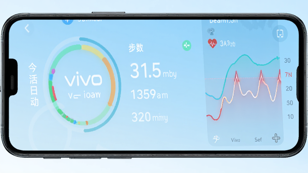 一张展示vivo健康应用主界面的概念图,画面上方是手机屏幕,屏幕内显示vivo健康的今日活动圆环、步数统计和心率曲线,背景为浅蓝色渐变,风格简洁现代,细节清晰,画质干净,无多余元素