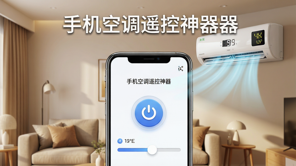 一张展示智能手机屏幕的图片,手机屏幕上显示着“手机空调遥控神器”的应用界面,界面中央有一个醒目的圆形电源按钮和温度调节滑块,背景是温馨的现代客厅场景,沙发旁有一台壁挂式空调,空调出风口有淡蓝色的冷气飘出。整体布局采用居中构图,手机位于画面正中央偏下,上方留白展示软件名称文字“手机空调遥控神器”。风格为干净清爽的科技生活风,细节包括手机边缘的反光、界面图标的立体感、空调显示屏上的温度数字。画质为4K超高清,画面干净整洁,无多余杂乱元素。