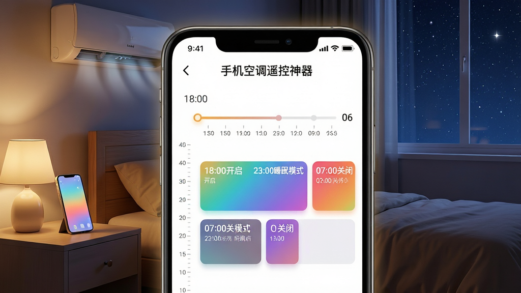 一张展示手机界面定时设置功能的图片,手机屏幕中央显示“手机空调遥控神器”的定时任务面板,面板上有时间轴和多个彩色任务块,标注着“18:00开启”“23:00睡眠模式”“07:00关闭”。背景是夜晚卧室场景,床头柜上放着手机,墙上空调安静运行,窗外有星空。布局采用手机界面放大特写,风格为温馨智能家居风,细节包括时间轴上的刻度、任务块的渐变色彩、手机屏幕的微光。画质为2K高清,画面干净,无多余元素。